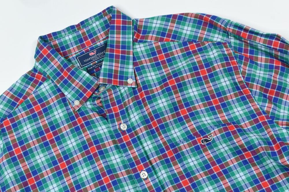 Vineyard Vines Tucker Shirt Mens Large Red Green Plaid Slim Long Sleeve Slim Fit